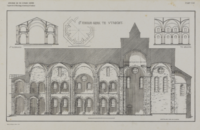 214551 Lengtedoorsnede met een gedeelte van het interieur van de St. Mariakerk te Utrecht uit het zuiden; met een ...